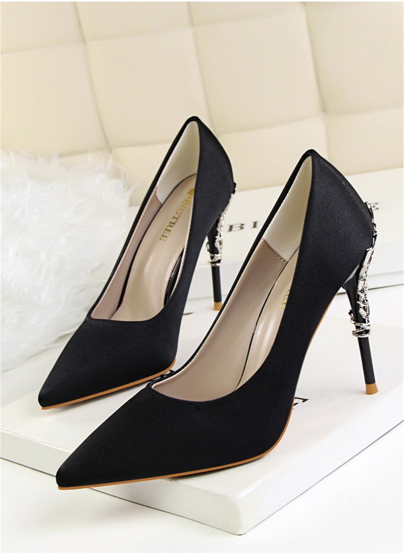 BIGTREE 10cm Stylish Metal Pumps With Slim Heels High heels Shallow-Cut Pointed Satin Pumps Black  - Image 1