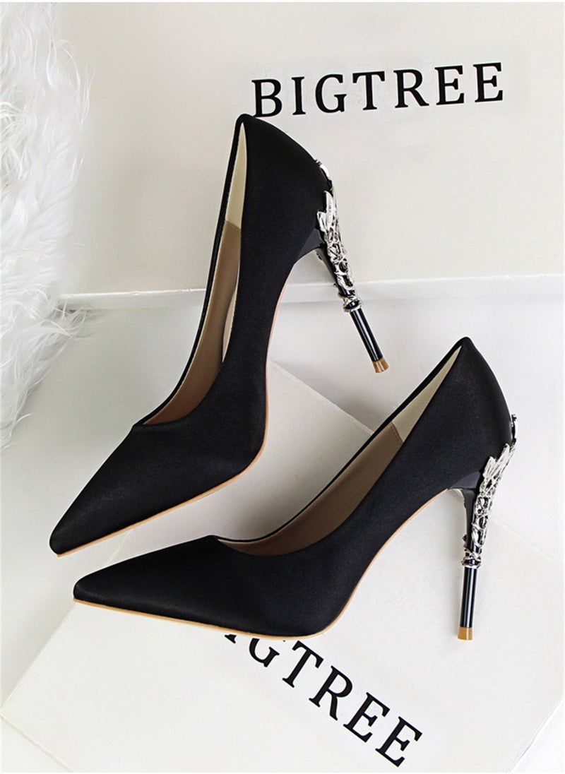 BIGTREE 10cm Stylish Metal Pumps With Slim Heels High heels Shallow-Cut Pointed Satin Pumps Black  - Image 2