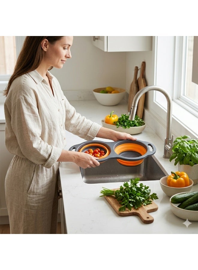 Hope Collapsible Double Strainer and Mixing Bowl Set, Space-Saving Silicone Foldable Colander with Fine Mesh and Ergonomic Handles, BPA-Free Food-Grade Kit for Washing Vegetables, Rinsing Fruit and Draining Pasta - Image 2