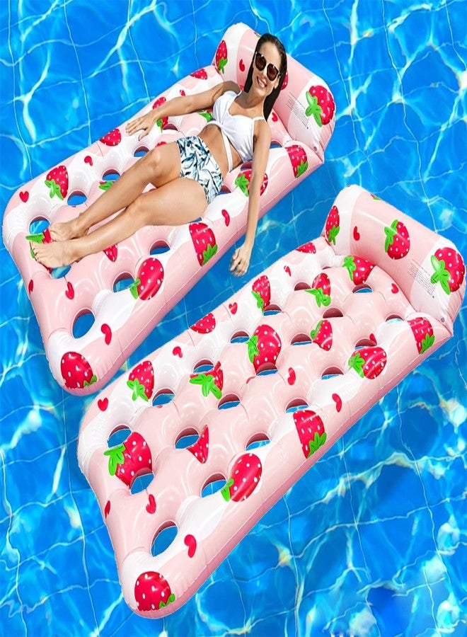 Kersiki 2 Pack Inflatable Pool Floats Mat Adult Pool Lounger Float Pool Rafts with Headrest Lake Floats Tanning Pool Lounger for Swimming Pools Party Beach (Pink Strawberry) - Image 1