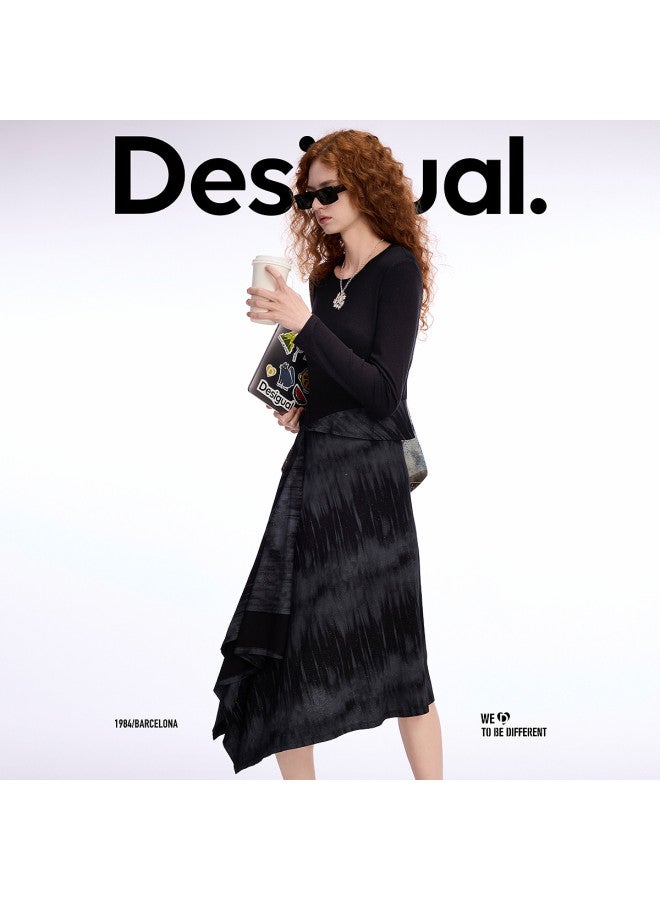 DESIGUAL ss25 New Arrival Printed Patchwork Asymmetrical Hem Long Sleeve Dress - Image 2