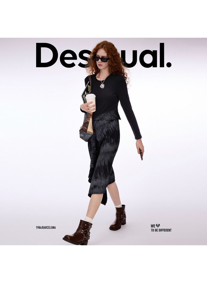 DESIGUAL ss25 New Arrival Printed Patchwork Asymmetrical Hem Long Sleeve Dress - Image 4