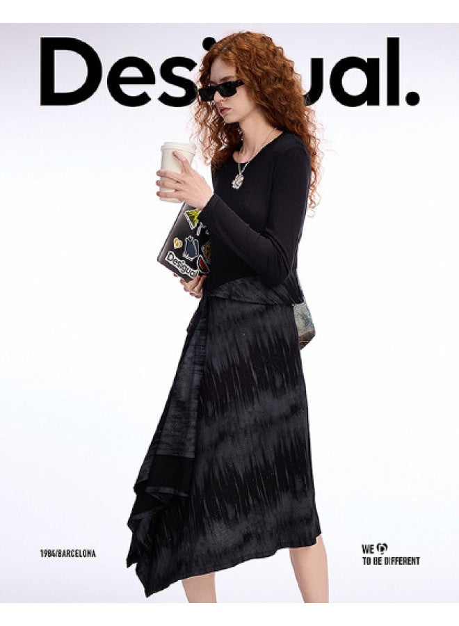 DESIGUAL ss25 New Arrival Printed Patchwork Asymmetrical Hem Long Sleeve Dress - Image 1