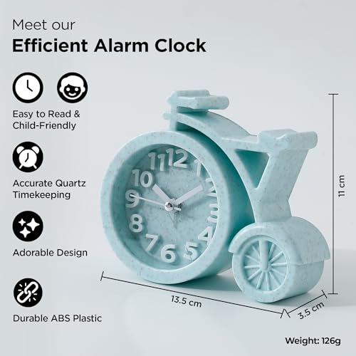UMAI Analog Alarm Clock (13cm) for Students, Heavy Sleepers, Kids - Loud Mini Clock for Bedroom, Study Table - Cycle Shaped Table Watch - Sky Blue, Plastic - Image 3