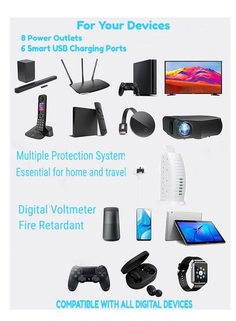 8 Way Stylish Power Extension Cord, 6 USB Fast Charging Ports, Burj Al Arab Power Socket, 2 Meters Cable Multiple Protection System 3000W, 4.2A Max Socket - Image 4