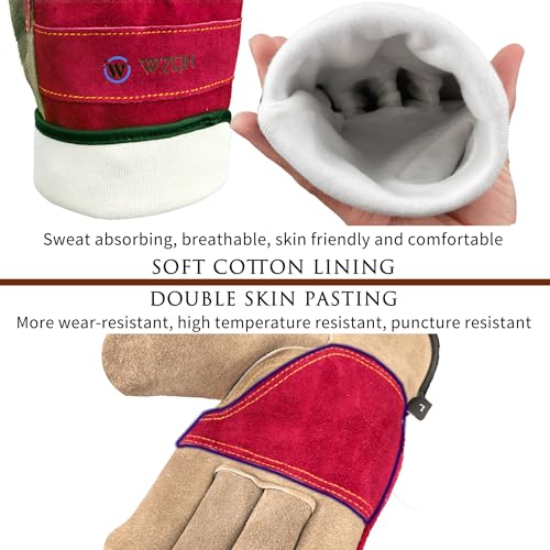 WZQH Leather Work Gloves for Women, Large Glove for Gardening, Tig/Mig Welding, Construction, Chainsaw, Farm, Ranch, etc. Cowhide, Cotton Lined, Utility, Firm Grip, Durable. Rose Red - Grey L - Image 2