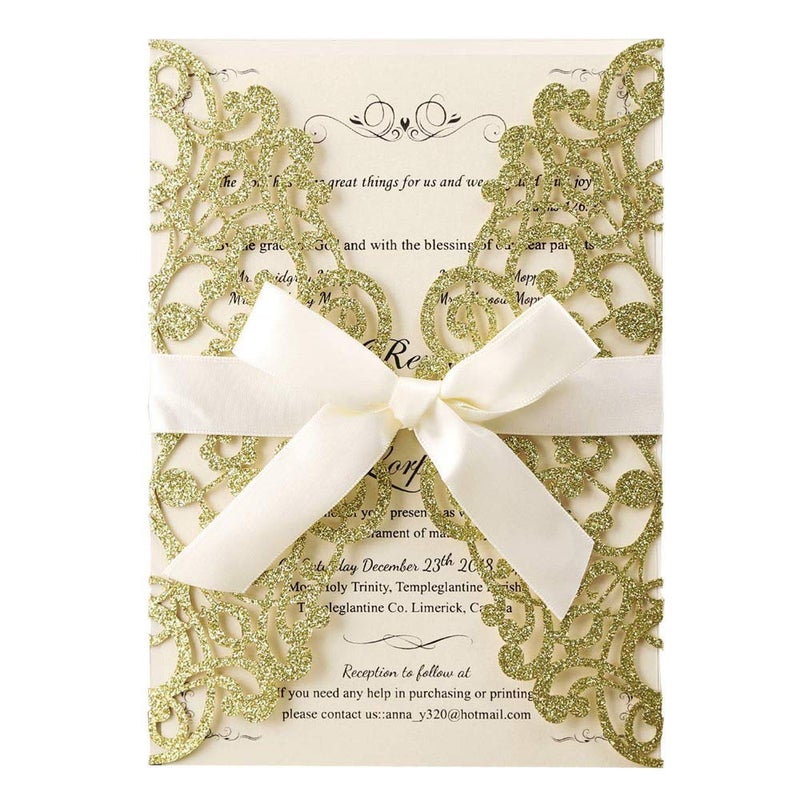 Hosmsua 50PCS 512 x 73 Gold Glitter Laser Cut Lace Wedding Invitations Cards with bowknot for Wedding Bridal Shower Engagement Birthday Graduation Invite Gold Glitter