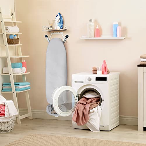 TJMOREE TJ.MOREE Ironing Board Hanger Wall Mount - Laundry Room Decor Iron and Ironing Board Holder with Large Storage Wooden Base Basket and Removable Hooks(T&V Shaped) Cream - Image 4