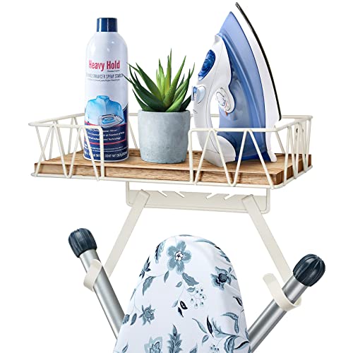 TJMOREE TJ.MOREE Ironing Board Hanger Wall Mount - Laundry Room Decor Iron and Ironing Board Holder with Large Storage Wooden Base Basket and Removable Hooks(T&V Shaped) Cream - Image 1