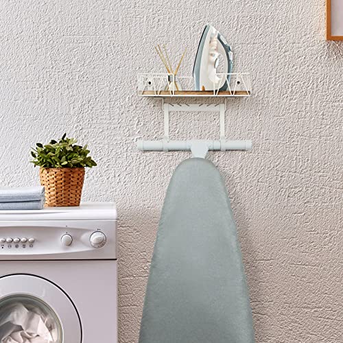 TJMOREE TJ.MOREE Ironing Board Hanger Wall Mount - Laundry Room Decor Iron and Ironing Board Holder with Large Storage Wooden Base Basket and Removable Hooks(T&V Shaped) Cream - Image 3