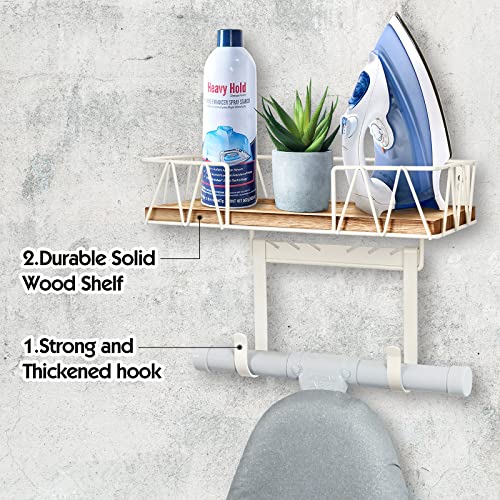 TJMOREE TJ.MOREE Ironing Board Hanger Wall Mount - Laundry Room Decor Iron and Ironing Board Holder with Large Storage Wooden Base Basket and Removable Hooks(T&V Shaped) Cream - Image 2