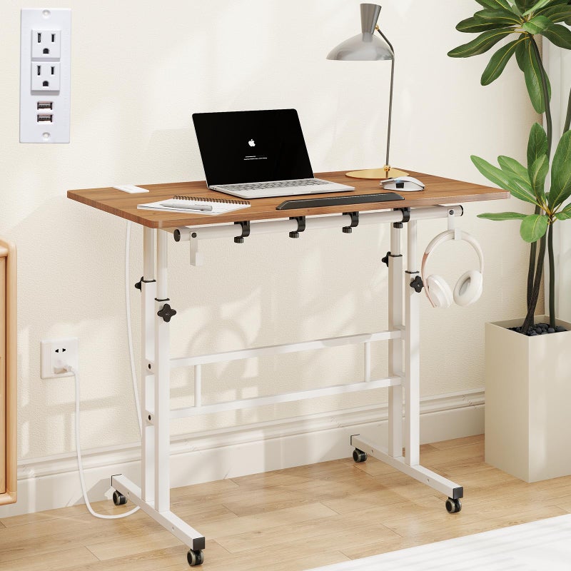 SIDUCAL Mobile Stand Up Desk with USB Ports and Outlets Adjustable Laptop Desk on Wheels Home Office Workstation Rolling Laptop Cart for Standing or Sitting 315 x 236 Vintage Oak