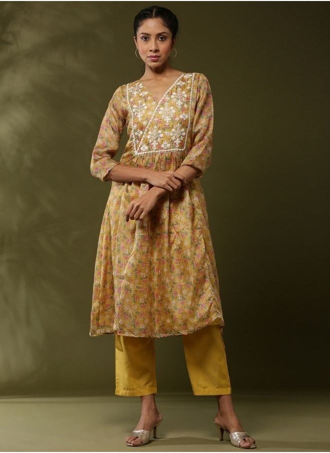 Abhishti Floral printed yoke embroidered kurta set-yellow  - Image 1