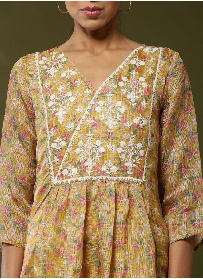 أبهشتي Floral printed yoke embroidered kurta set-yellow