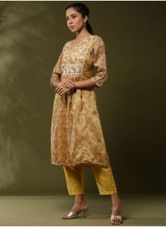 Abhishti Floral printed yoke embroidered kurta set-yellow  - Image 3