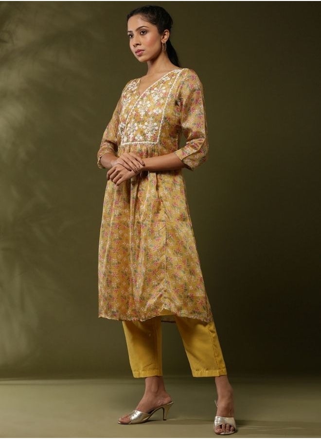 Abhishti Floral printed yoke embroidered kurta set-yellow  - Image 3