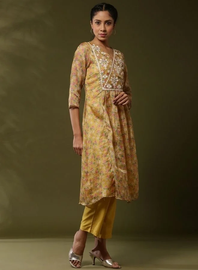 Abhishti Floral printed yoke embroidered kurta set-yellow