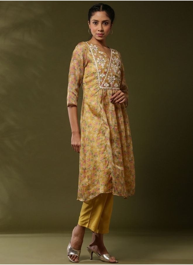 Abhishti Floral printed yoke embroidered kurta set-yellow  - Image 4