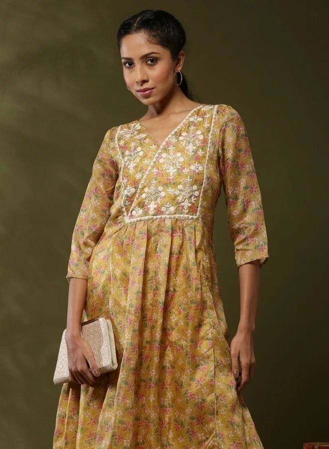 Abhishti Floral printed yoke embroidered kurta set-yellow