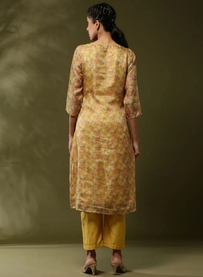 Abhishti Floral printed yoke embroidered kurta set-yellow