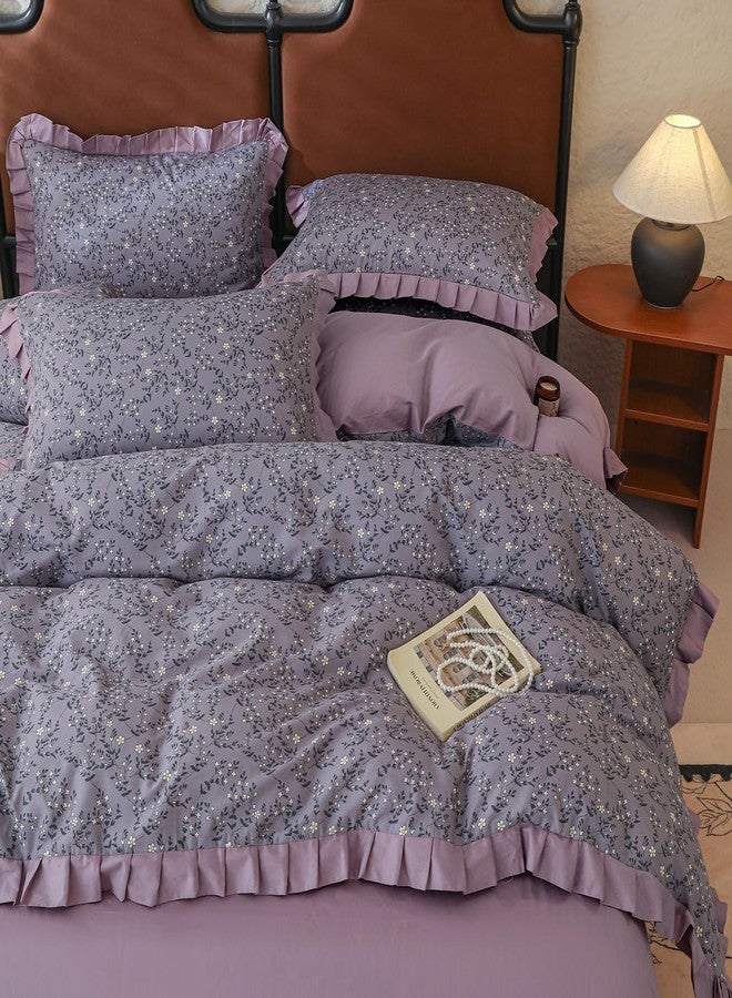 VM VOUGEMARKET غطاء لحاف بنفسجي مكشكش من VM VOUGEMARKET، مقاس توين، طقم مفروشات لطيف مزين بزهرة الأقحوان مع أربطة بسحاب، مصنوع من القطن 100%، غطاء لحاف رومانسي من الدانتيل للفتيات المراهقات - Image 5