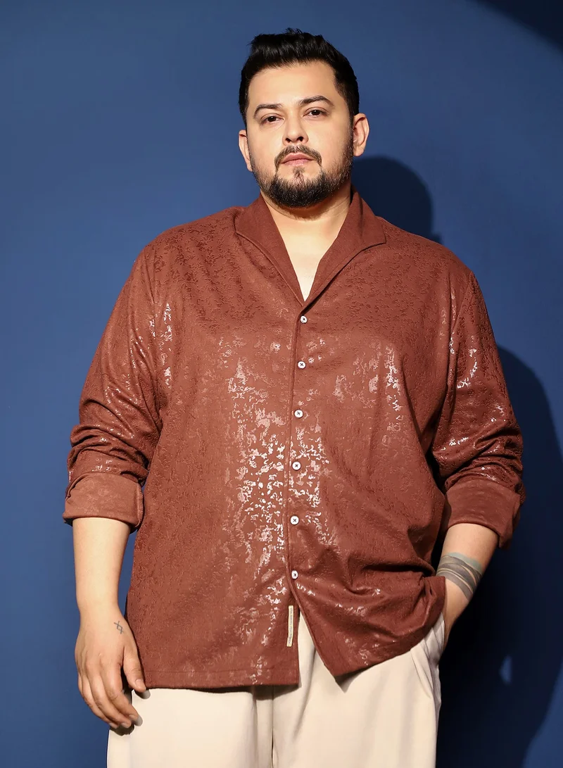 Instafab Plus Instafab Plus Men's Sienna Brown Corroded-Tactile Shirt For Casual Wear | Spread Collar | Long Cuffed Sleeves | Button Closure | Plus Size Shirt Crafted With Comfort Fit For Everyday Wear