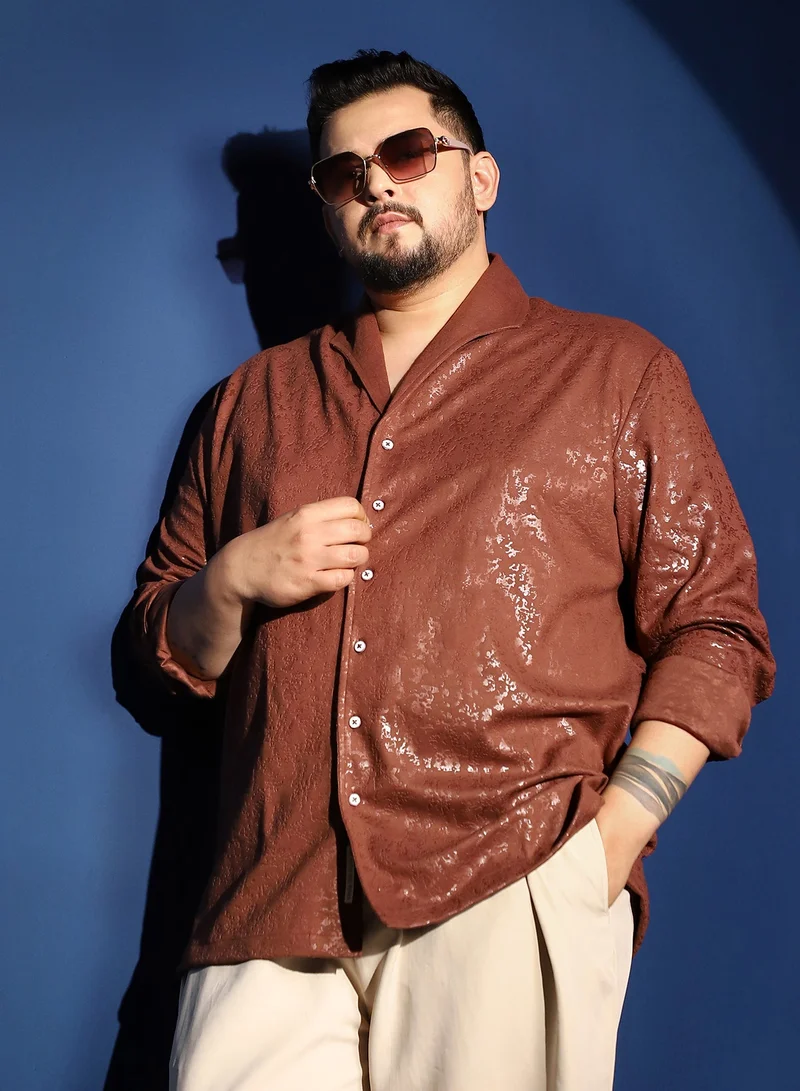 Instafab Plus Instafab Plus Men's Sienna Brown Corroded-Tactile Shirt For Casual Wear | Spread Collar | Long Cuffed Sleeves | Button Closure | Plus Size Shirt Crafted With Comfort Fit For Everyday Wear