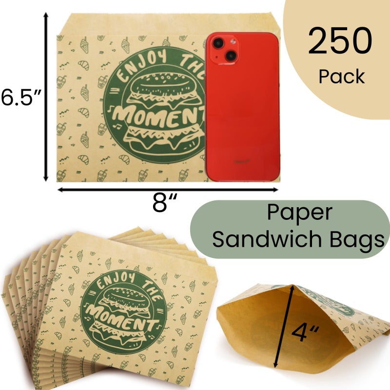 Tlence 250 Pack Paper Sandwich Bags with Stickers, 8 x 6.5 Inch Greaseproof Thick Paper Snack Bag, Food Grade Small Brown Cookie Bags, Dry Waxed Pastry Bag for Lunch, Cookies, French Fries, Pretzel - Image 2
