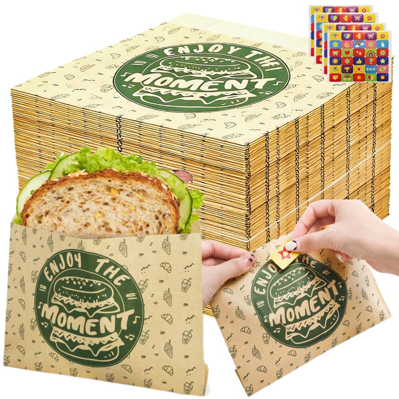 Tlence 250 Pack Paper Sandwich Bags with Stickers, 8 x 6.5 Inch Greaseproof Thick Paper Snack Bag, Food Grade Small Brown Cookie Bags, Dry Waxed Pastry Bag for Lunch, Cookies, French Fries, Pretzel - Image 1