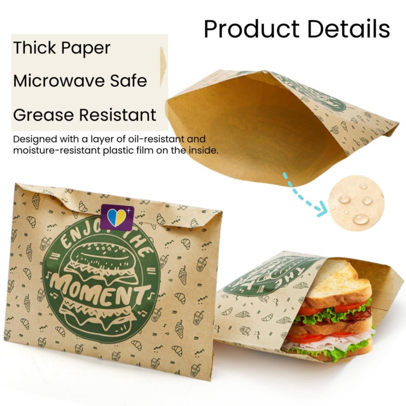 Tlence 250 Pack Paper Sandwich Bags with Stickers, 8 x 6.5 Inch Greaseproof Thick Paper Snack Bag, Food Grade Small Brown Cookie Bags, Dry Waxed Pastry Bag for Lunch, Cookies, French Fries, Pretzel - Image 3