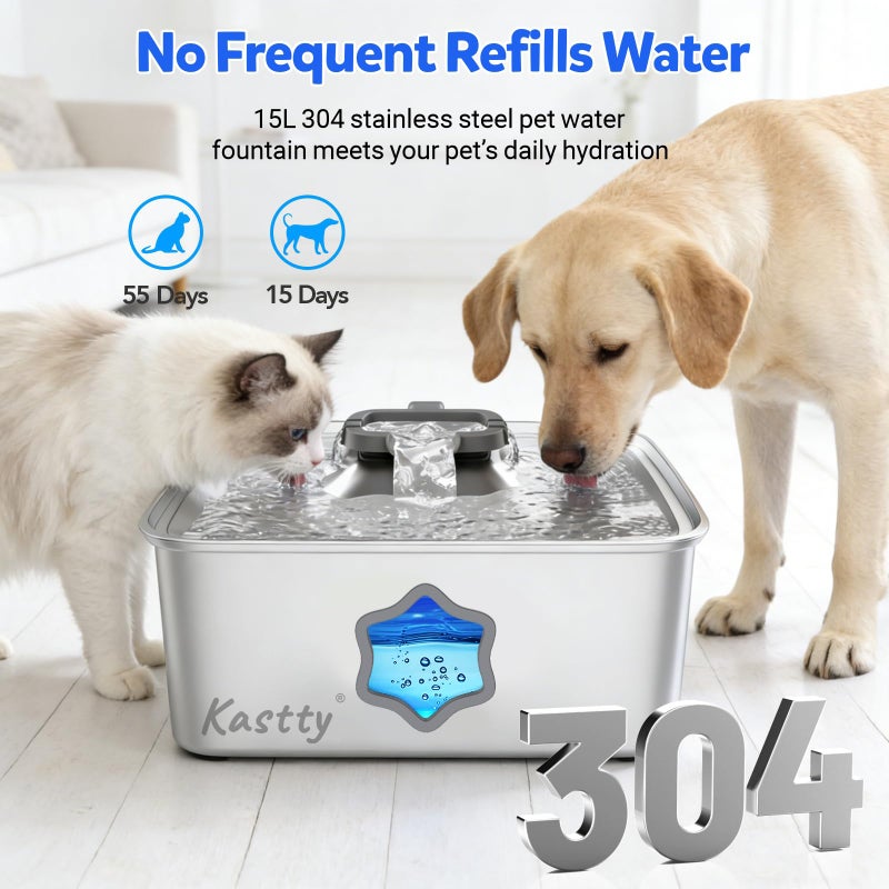 Kastty 15L/4Gal Dog Water Fountain, Stainless Steel Pet Water Bowl Dispenser with Visual Window, Automatic Dual-Color LED, 5-Stage Filtration, Ultra Quiet, for Large Medium Dogs & Multi-pet, FS81 - Image 2