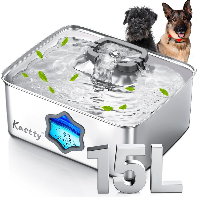 Kastty 15L/4Gal Dog Water Fountain, Stainless Steel Pet Water Bowl Dispenser with Visual Window, Automatic Dual-Color LED, 5-Stage Filtration, Ultra Quiet, for Large Medium Dogs & Multi-pet, FS81 - Image 1