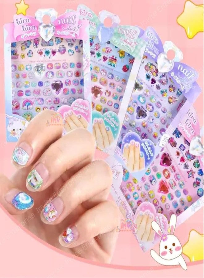 Funspark Nail Art 4 Sheet 3D Puffy Glitter Nail Sticker Set – Cute Kawaii Self-Adhesive Waterproof Nail Decals for Girls Kids DIY Manicure Decoration - Image 2