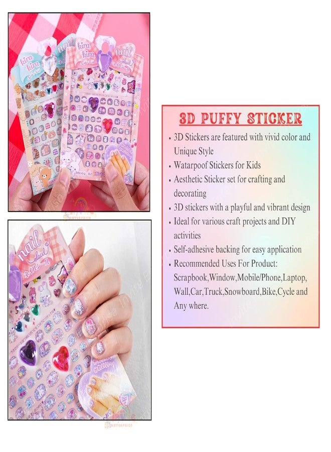 Funspark Nail Art 4 Sheet 3D Puffy Glitter Nail Sticker Set – Cute Kawaii Self-Adhesive Waterproof Nail Decals for Girls Kids DIY Manicure Decoration - Image 4