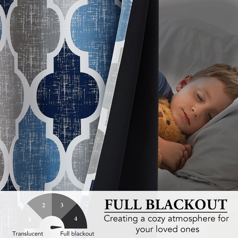 Beauoop 100% Blackout Curtains 63 Inches Long 2 Panels for Bedroom Living Room Blue Grey Moroccan Geo Room Darkening Thermal Insulated Soundproof Rod Pocket Back Tab Window Treatments Drapes, 50x63 - Image 5