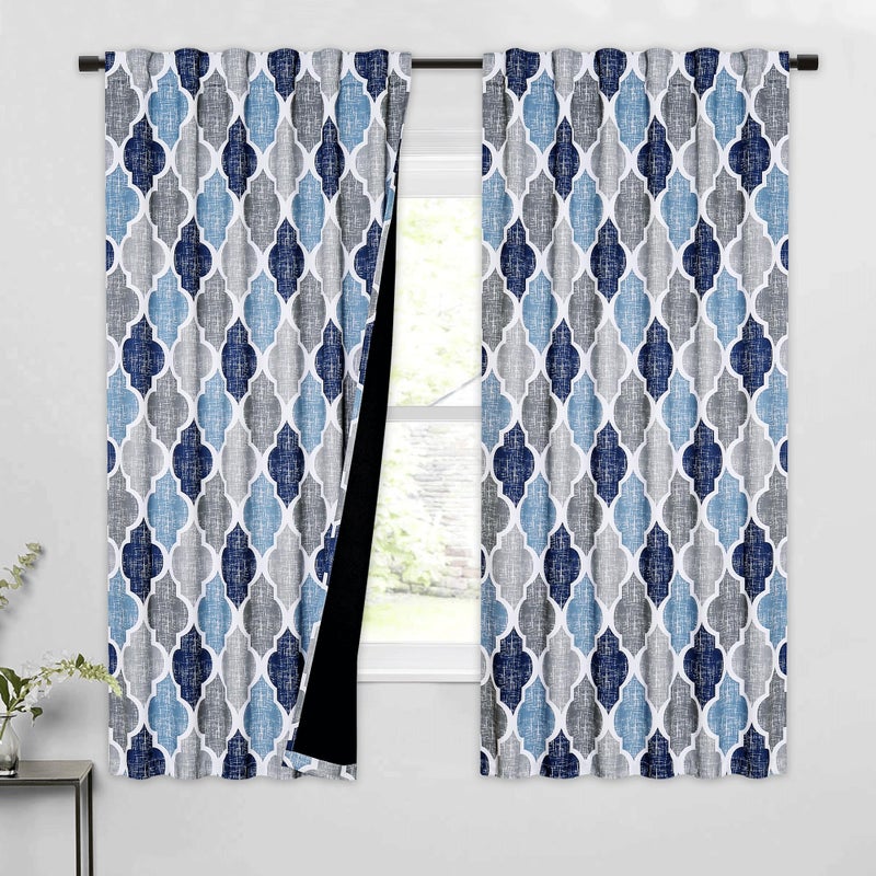 Beauoop 100% Blackout Curtains 63 Inches Long 2 Panels for Bedroom Living Room Blue Grey Moroccan Geo Room Darkening Thermal Insulated Soundproof Rod Pocket Back Tab Window Treatments Drapes, 50x63 - Image 1