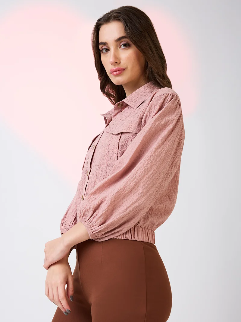globus Women Self Design Collar Neck Puff Sleeves Shirt Style Workwear Top With Utility Pockets