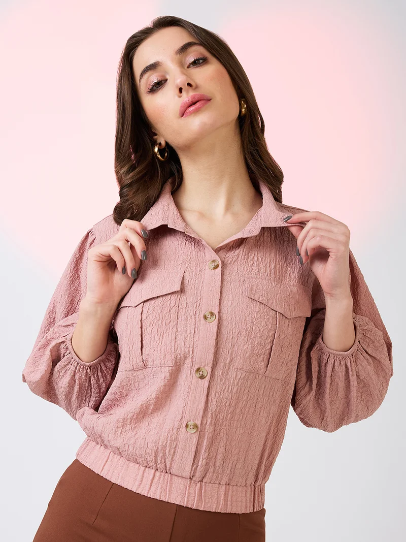 globus Women Self Design Collar Neck Puff Sleeves Shirt Style Workwear Top With Utility Pockets