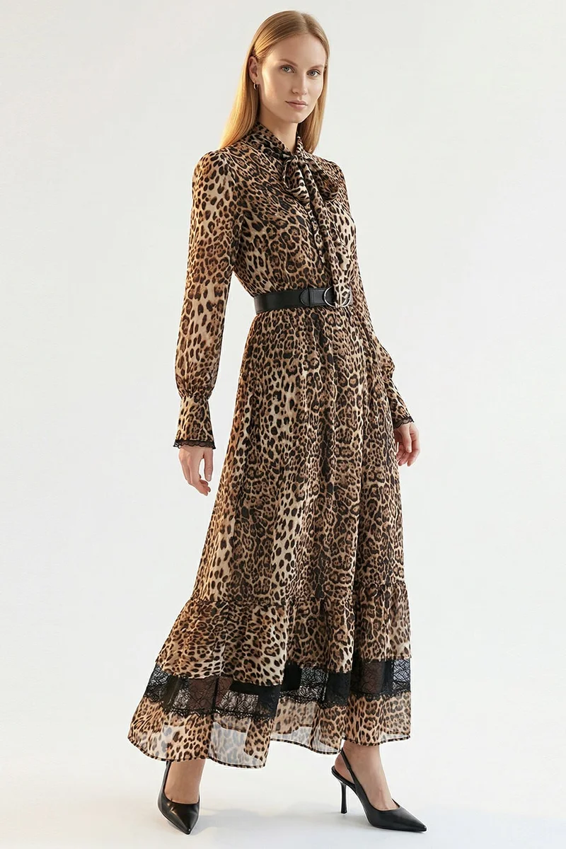 EXQUISE Leopard Print Belted Regular Maxi Multicolored Dress