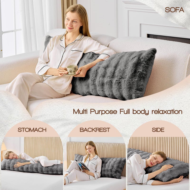 YZ HOME Faux Fur Fluffy Body Pillow for Adults - Firm Body Pillow Insert with Shredded Blue Memory Foam, Adjustable Height, Soft Support for Side Sleepers, Pregnant Women, Washable, 20x54 Inch (Grey) - Image 5