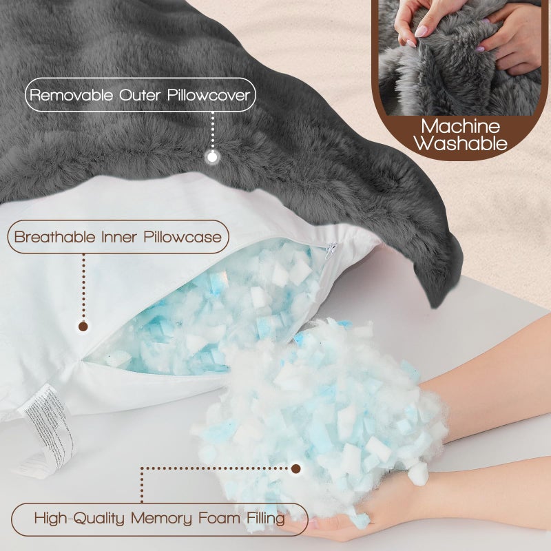 YZ HOME Faux Fur Fluffy Body Pillow for Adults - Firm Body Pillow Insert with Shredded Blue Memory Foam, Adjustable Height, Soft Support for Side Sleepers, Pregnant Women, Washable, 20x54 Inch (Grey) - Image 4