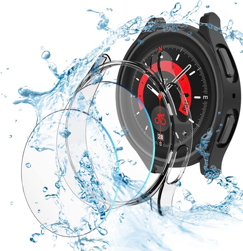 AWH Apple Watch 5 Pro 45mm 2-Pack Hard PC Bumper + 2-Pack Tempered Glass Screen Protector Film, Black + Clear - Image 2