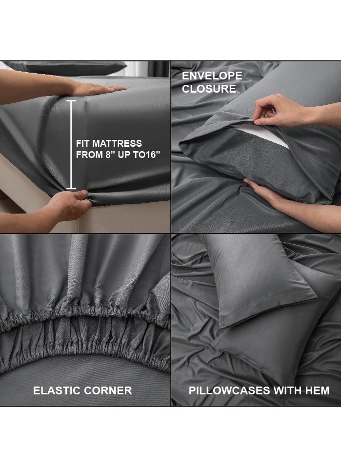 PanaX - Panax Bedding King Bed Sheets Set - 4 Piece Bedding - Brushed Microfiber - Shrinkage and Fade Resistant - Easy Care (Dark Grey, King) - Image 1