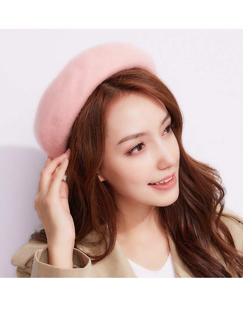 Women Wool Beret Hat French Style Artist Beanie Cap Vintage Lady Cap (Pink) - Image 3