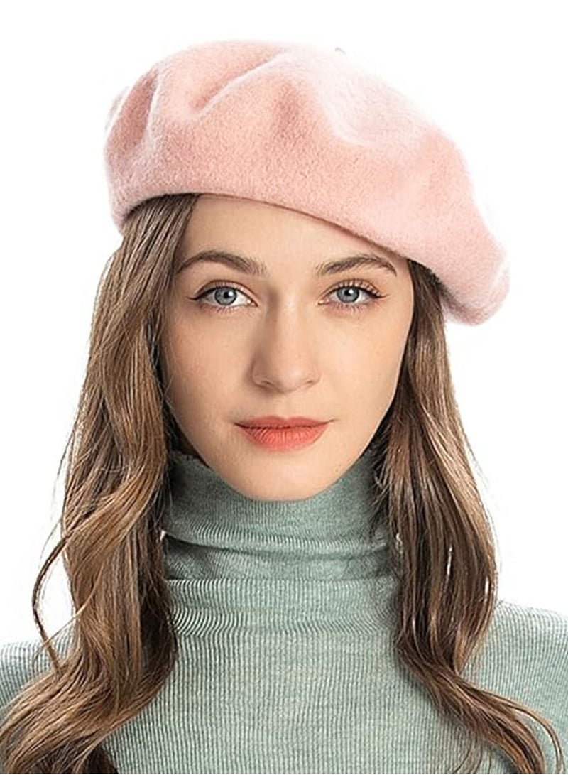 Women Wool Beret Hat French Style Artist Beanie Cap Vintage Lady Cap (Pink) - Image 1