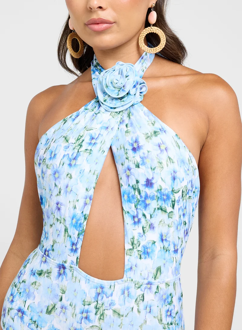 جينجر Halter Neck Crosage Detail Ditsy Floral Swimsuit