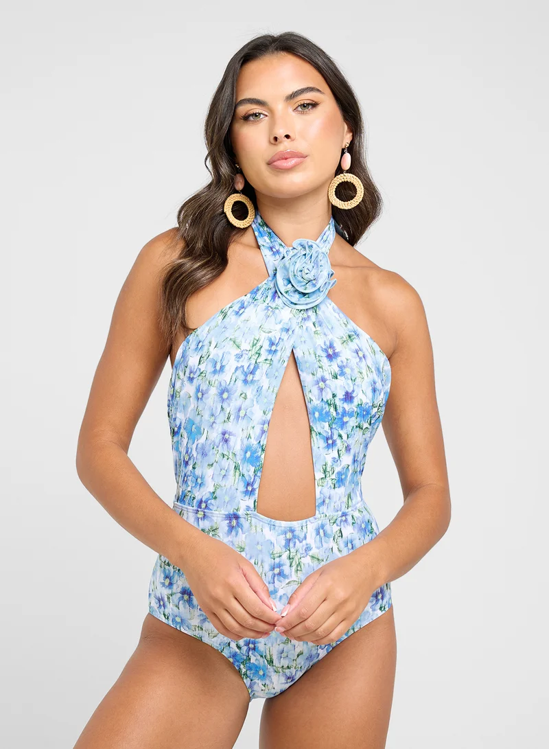 جينجر Halter Neck Crosage Detail Ditsy Floral Swimsuit