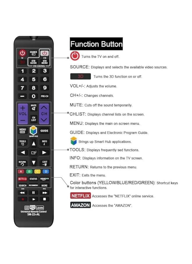Universal Remote Control Compatible Replacement for Samsung TV/ 3D/ LCD/LED/HDTV/Smart TV, AA59-00666A BN59-01178W BN59-01199F AA59-00638A AA59-00637A AA59-00594A AA59-00600A