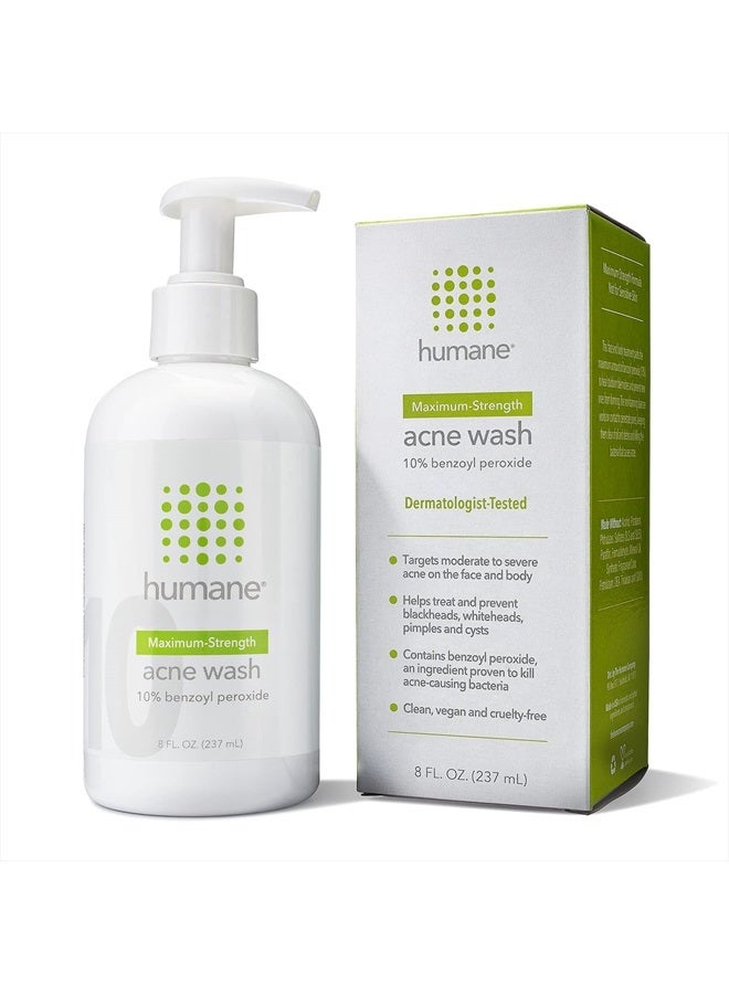 humane Maximum-Strength Acne Wash - 10% Benzoyl Peroxide Acne Treatment for Face, Skin, Butt, Back and Body - 8 Fl Oz - Dermatologist-Tested Non-Foaming Cleanser - Vegan, Cruelty-Free - Image 1