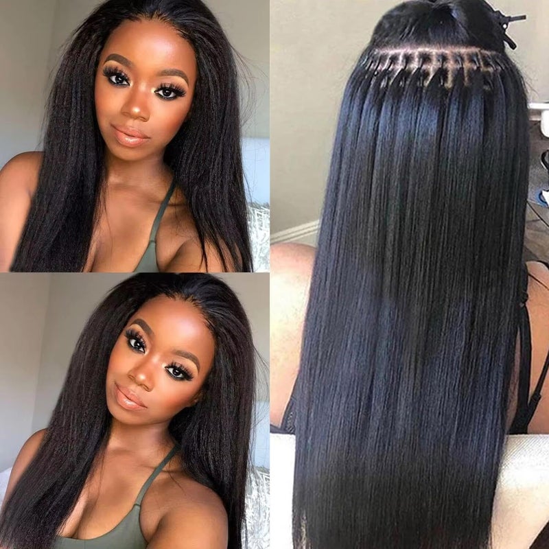 I Tip Hair Extensions Brazilian Human Hair for Balck Women Yaki Straigth 16Inch Stick I Tip Hair Bundles Cold Fusion Tipped Hair Extension Microlink Beads Hair Extensions 05gs 100Strands50g